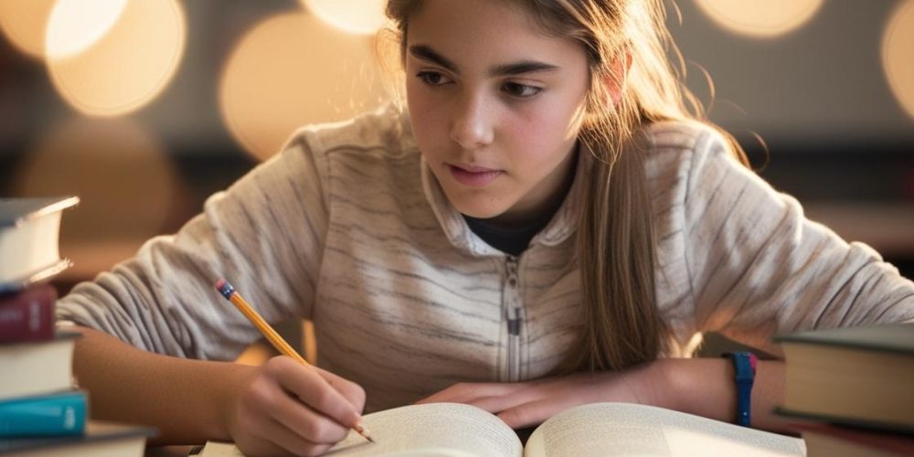 Teenage student of chemistry studying with obvious signs of chemistry books