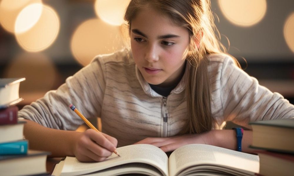 Teenage student of chemistry studying with obvious signs of chemistry books