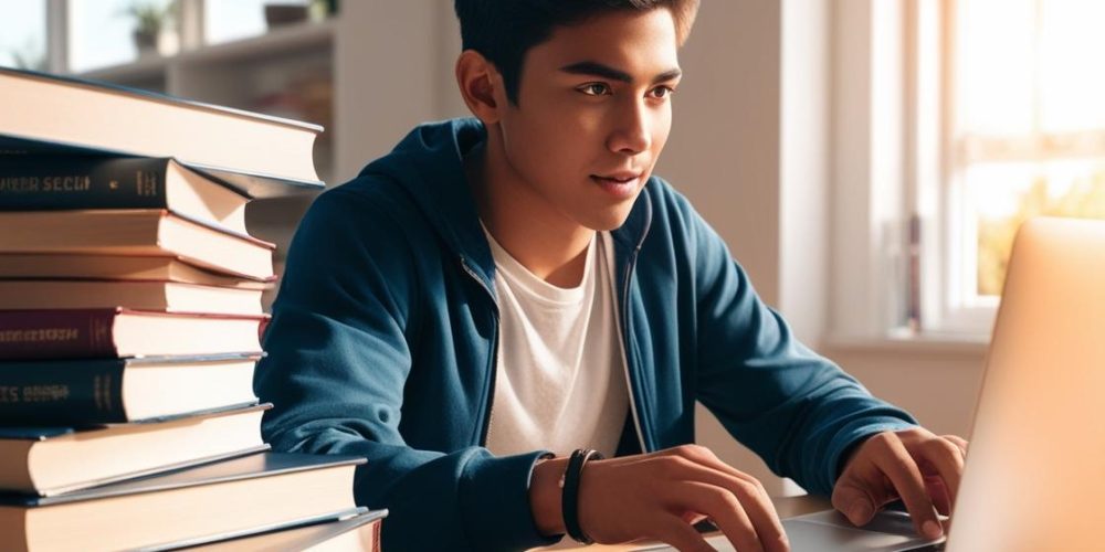 Teenage student of computer science studying research