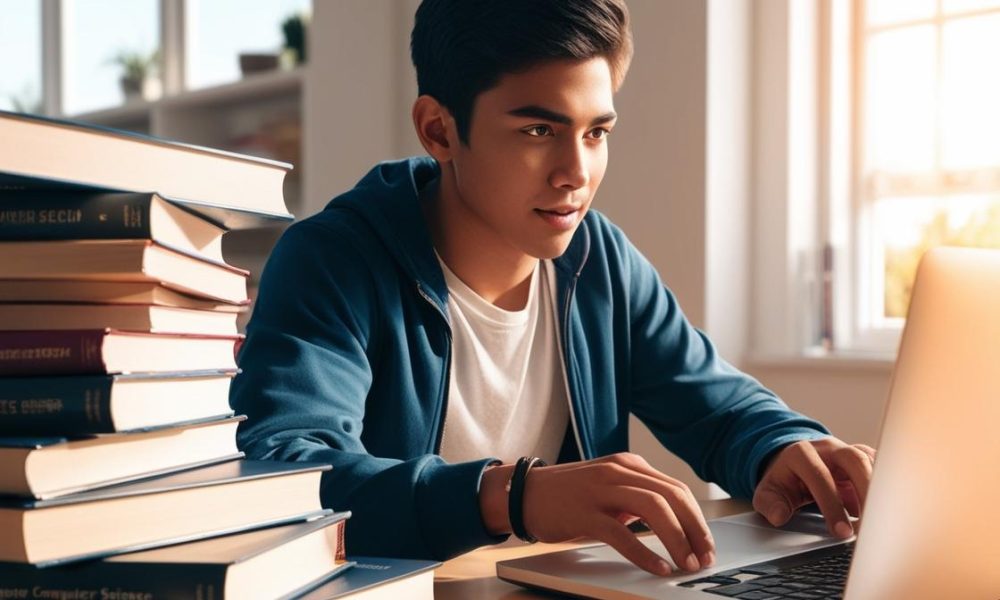 Teenage student of computer science studying research