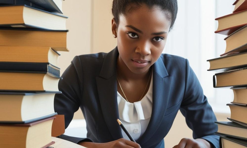 Teenage student of law studying research