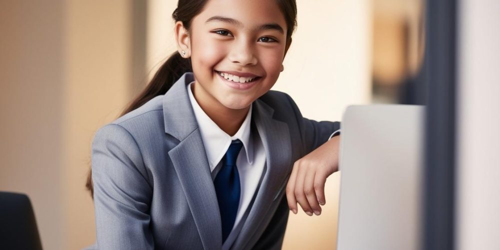 smiling female teenager training to be a future CEO