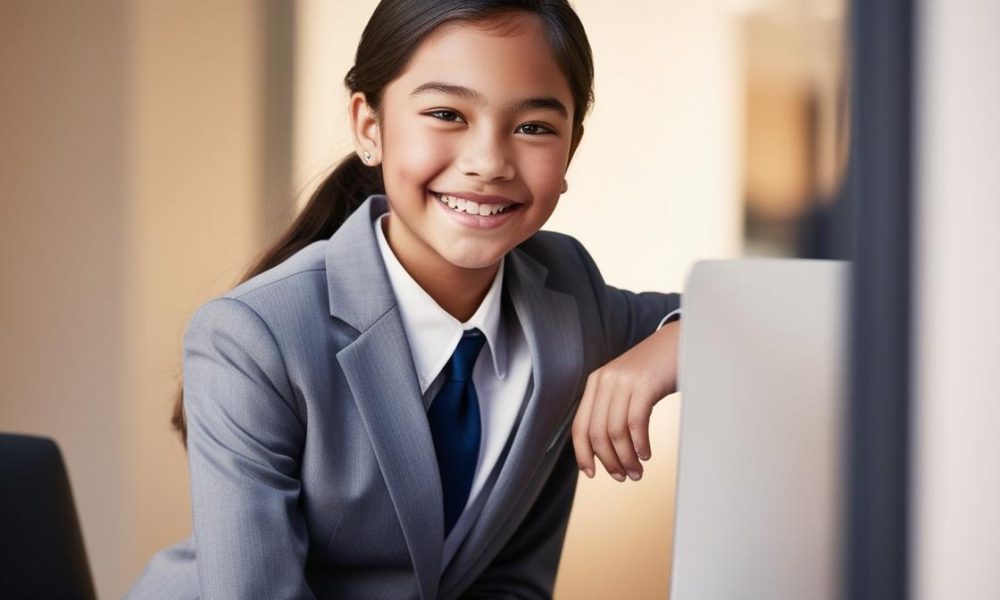 smiling female teenager training to be a future CEO